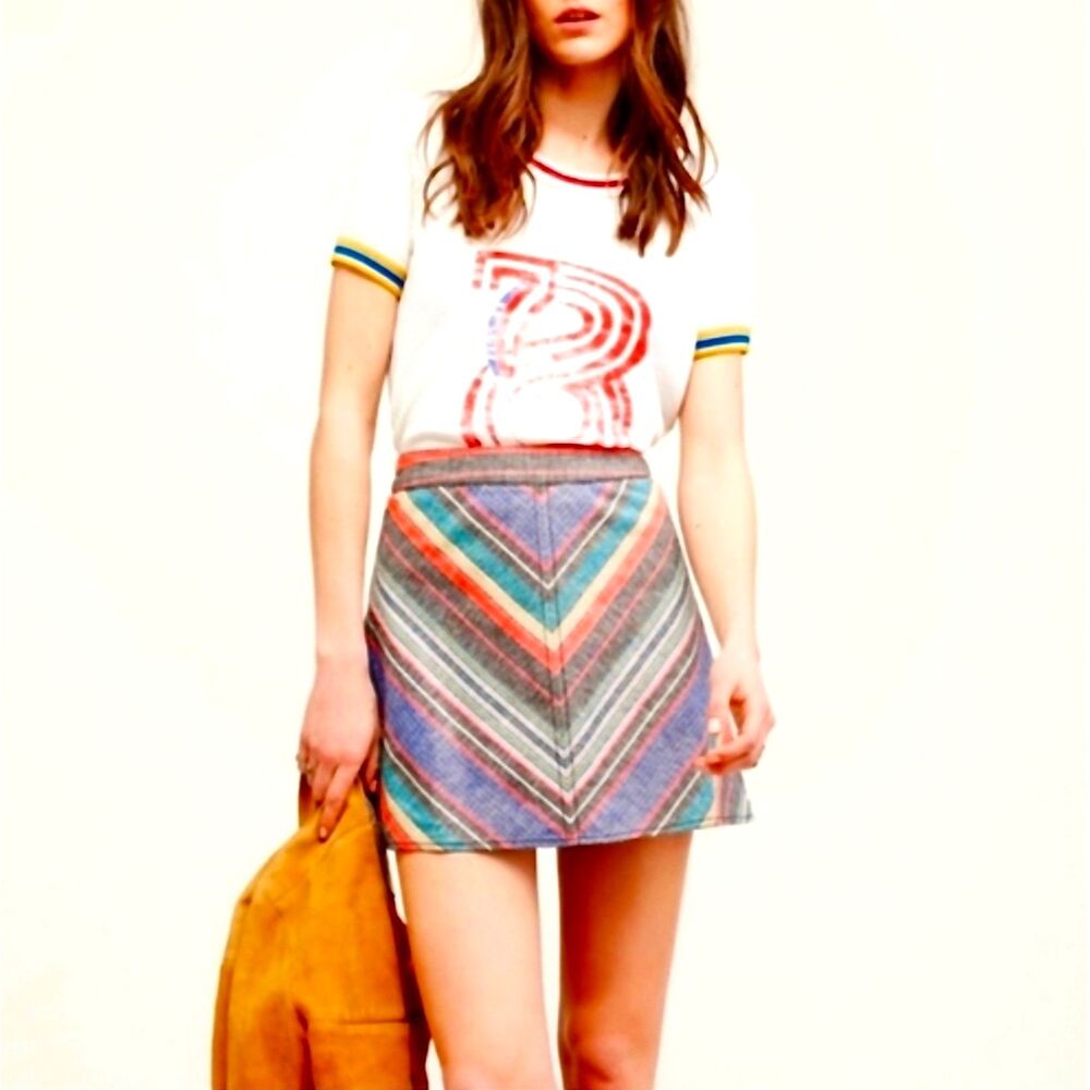 Free People "Yours Truly" Chevron Striped Linen Blend A-line Mini Skirt, Sz. 10